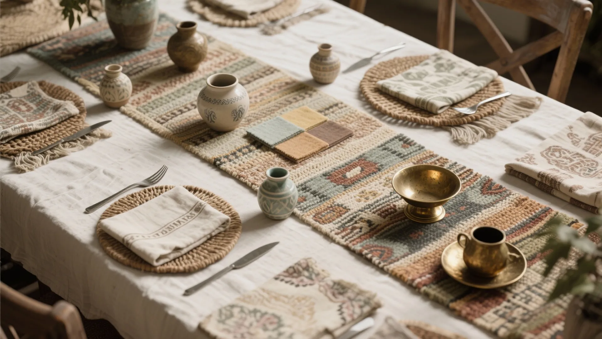 Flatlay of rugs, runners, woven placemats and vintage linens showing layered textile combinations.