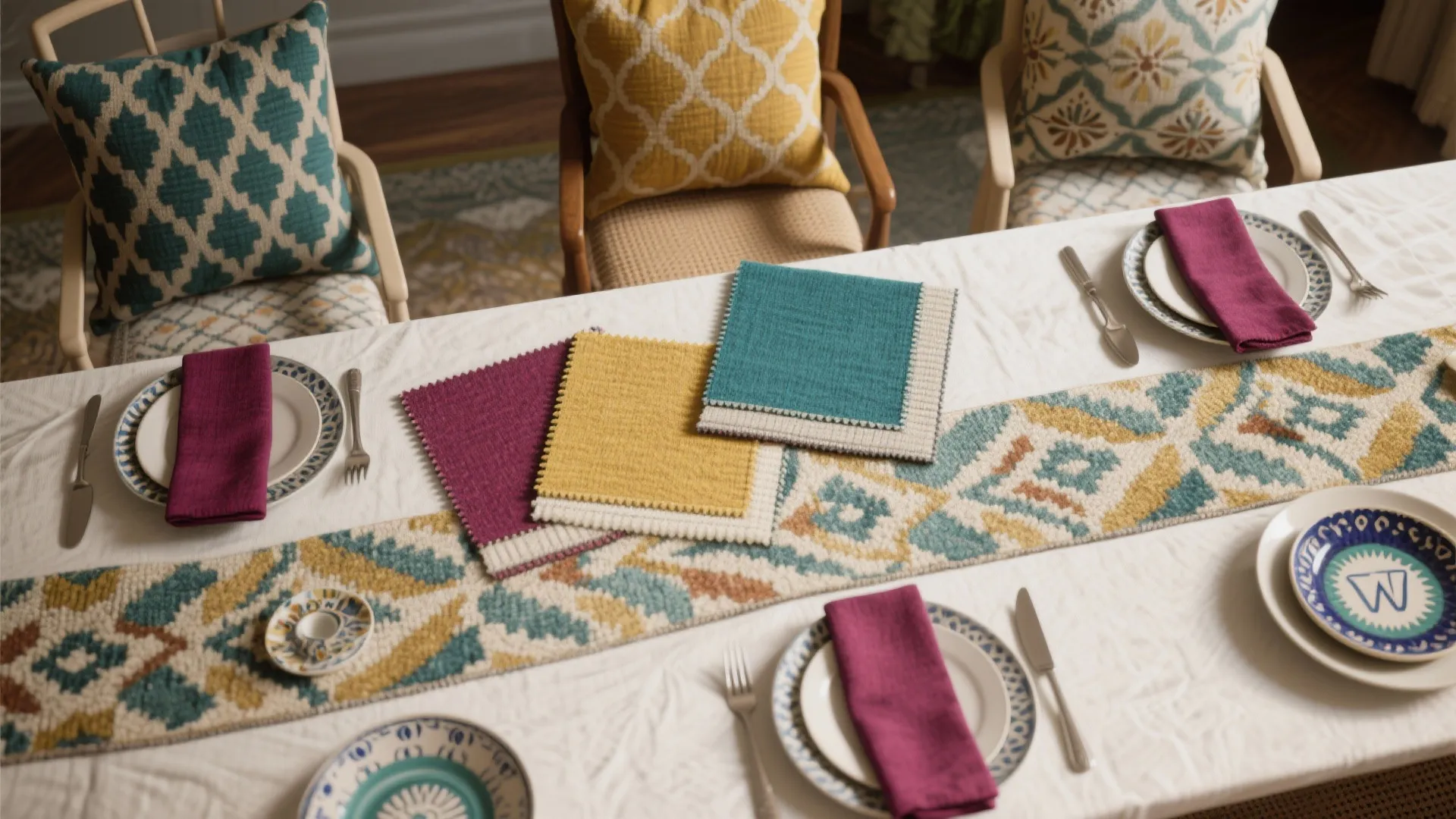 3. Layered Textiles and Patterned Chairs
