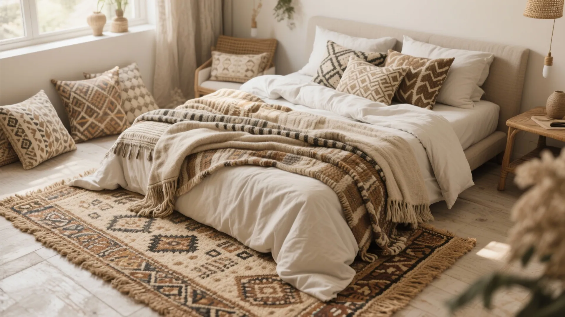 Bohemian bedroom with patterned blankets pillows patterned rug wooden floor and soft natural light from window