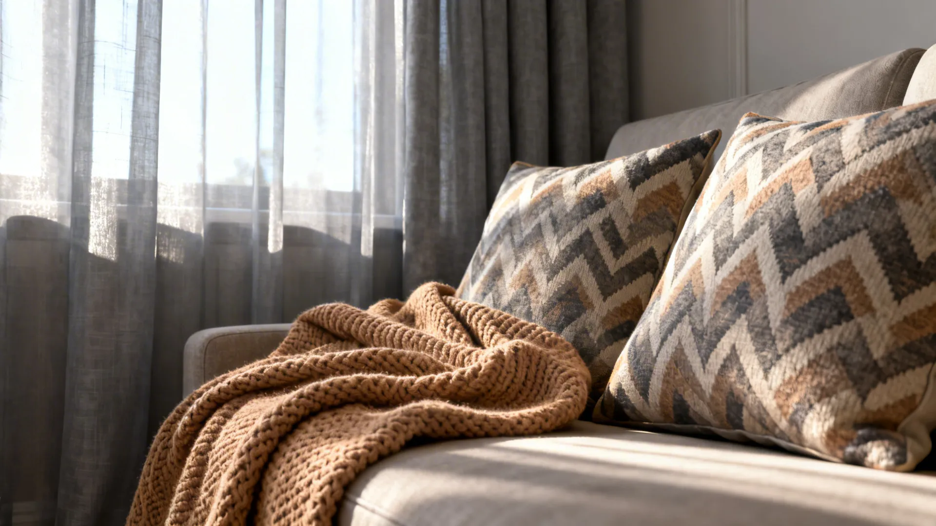 Sheer grey curtains with tan throws and patterned pillows adding depth