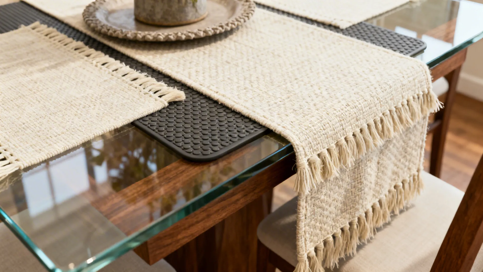 Textured beige table runner with tassels over a black mat on a wooden glass table