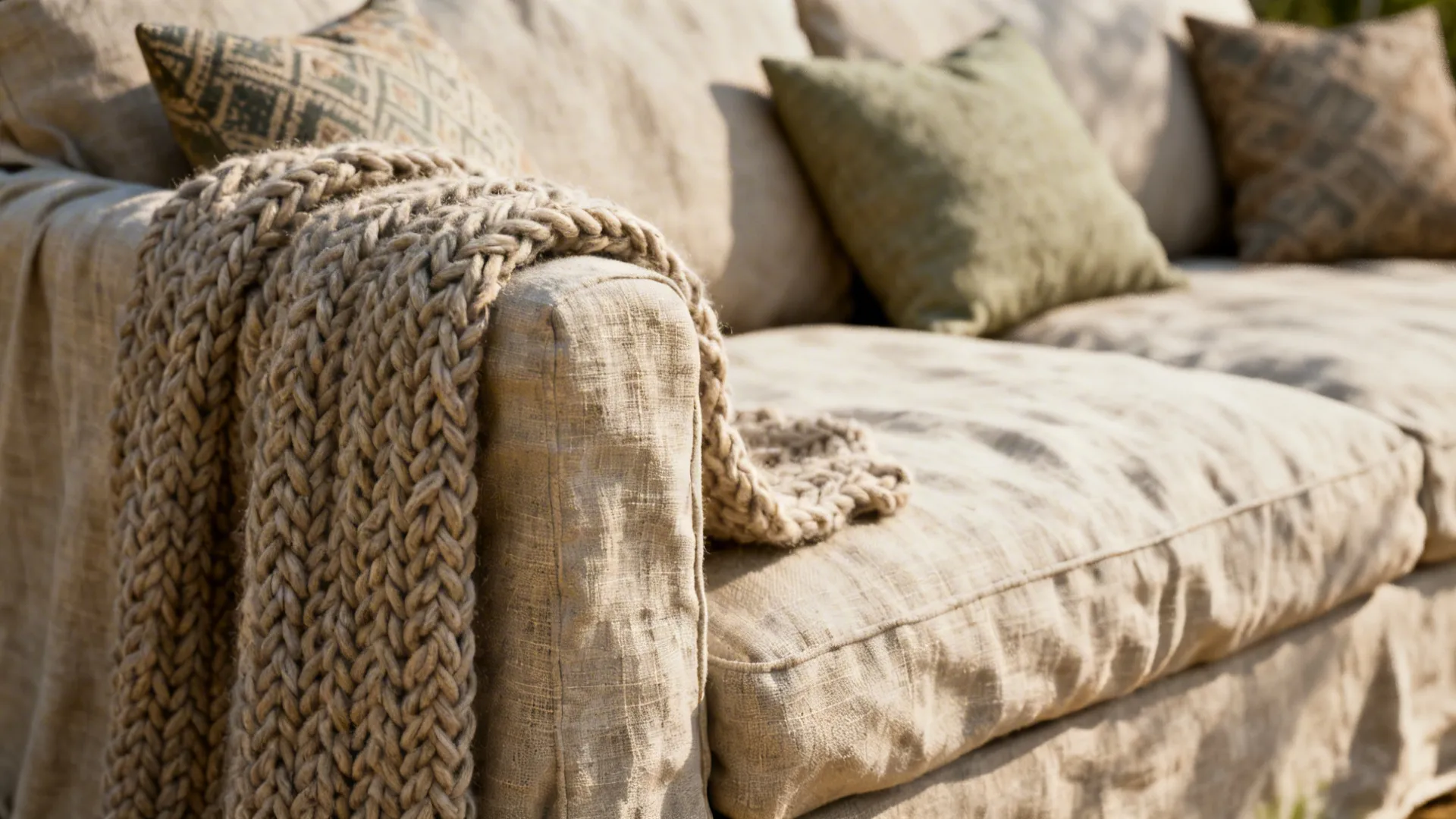 Layered farmhouse textiles: linen slipcover, chunky knit throw, patterned pillows in warm neutrals