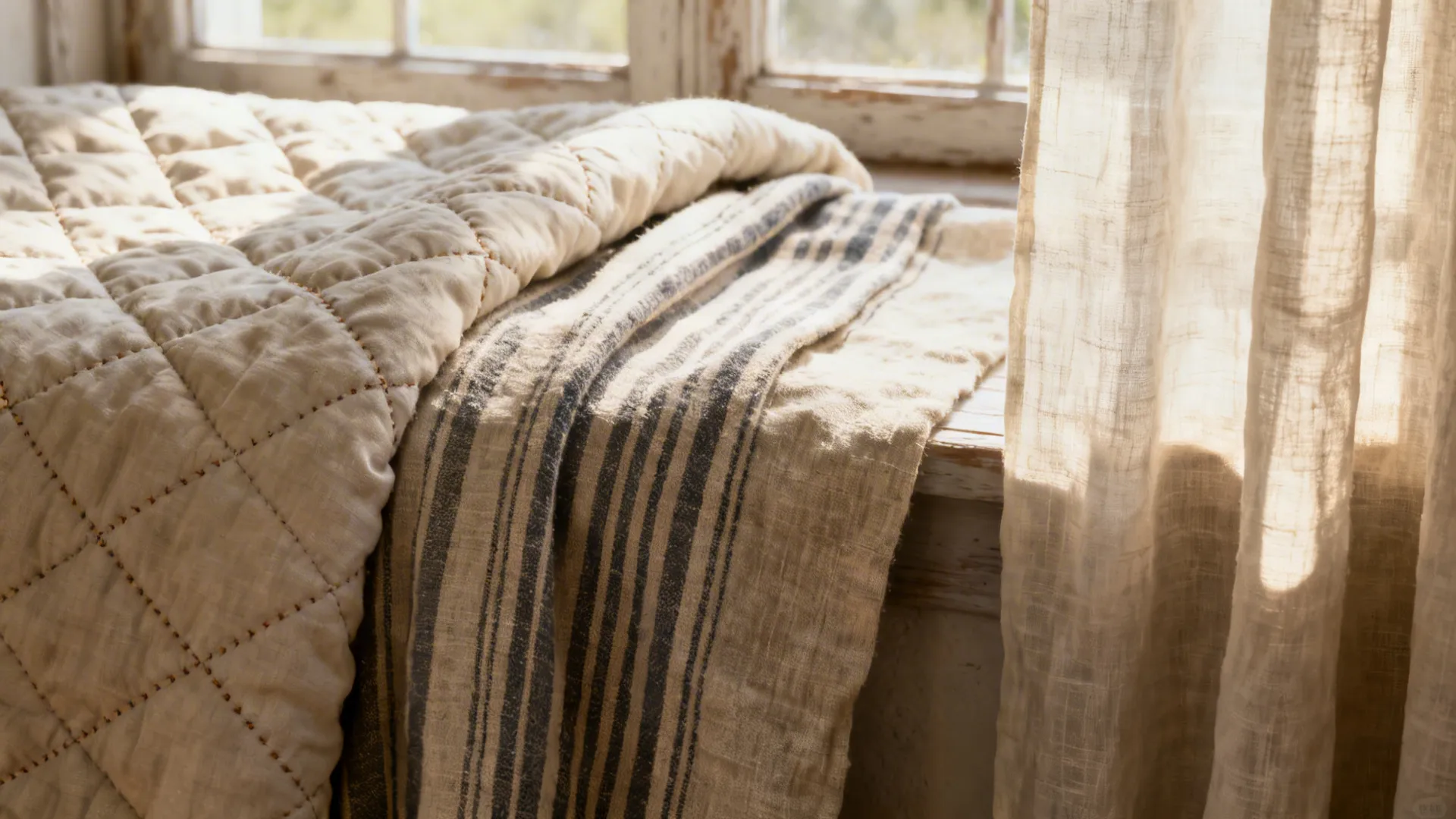 Close-up of quilted throw, striped linen, and linen curtains in warm daylight