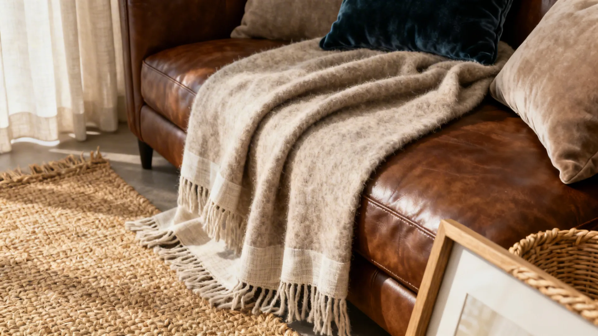 Close-up of wool throw, linen curtain, jute rug and velvet pillow beside a brown leather couch.