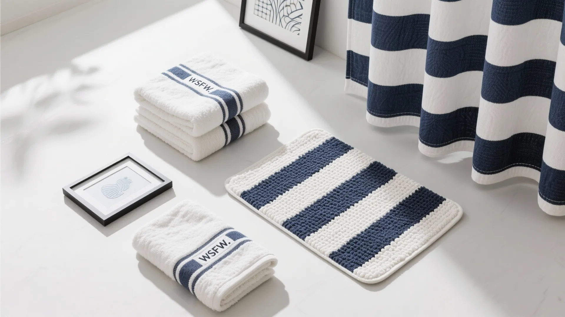Flat lay of preppy bathroom textiles in Tommy Hilfiger colors