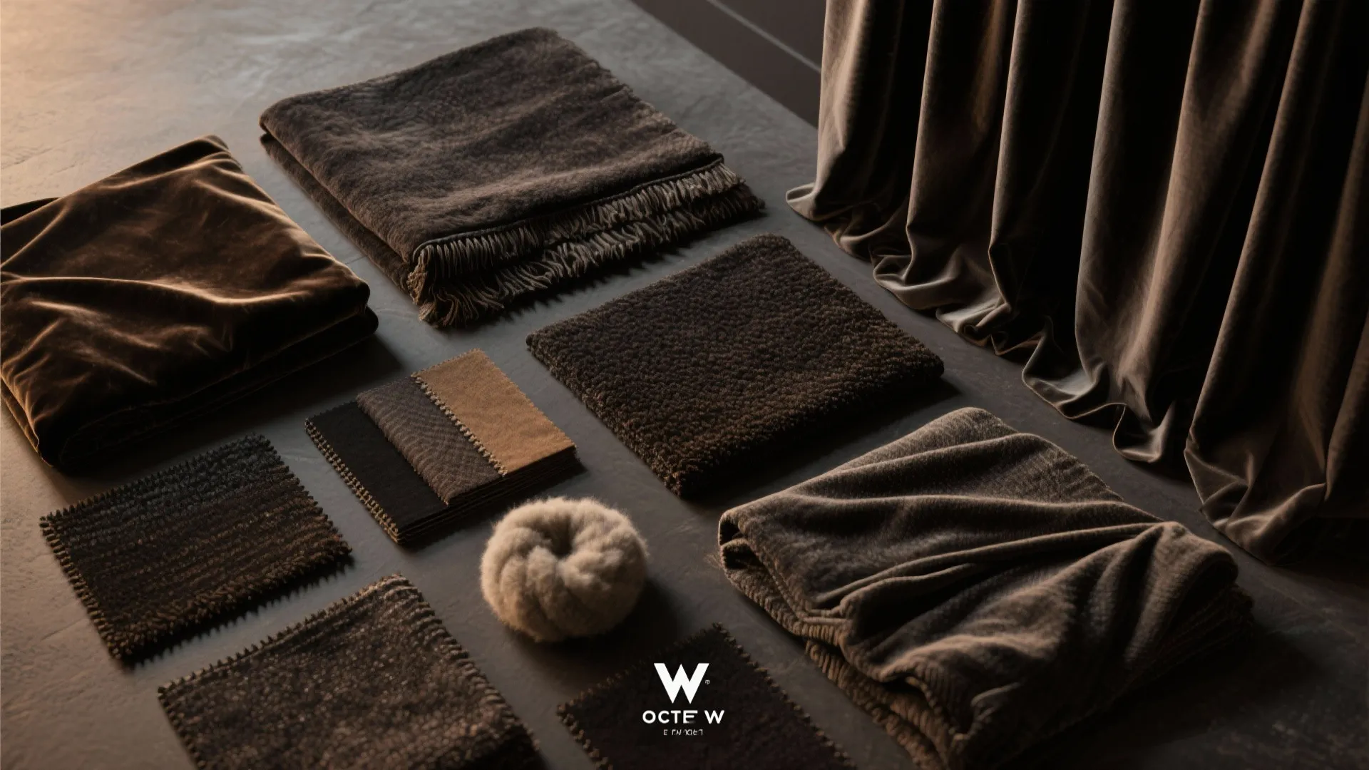 Dark brown fabric samples and soft blankets arranged on floor next to a long curtain