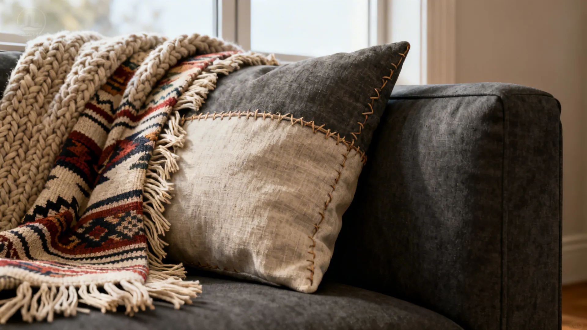 Close-up of layered kilim throw, fringed cushions and chunky knit on a dark grey couch.