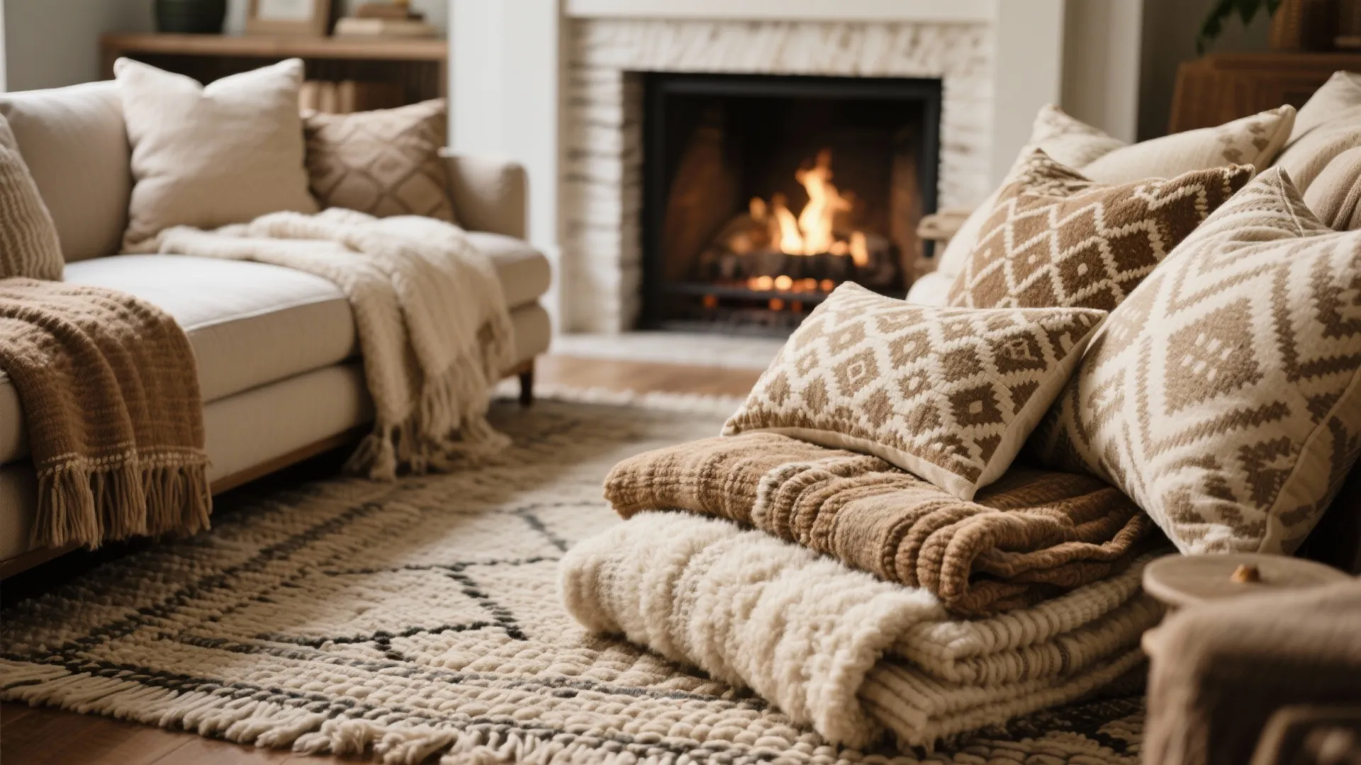 Cozy living room with burning fireplace textured rug white sofa soft pillows and warm blankets