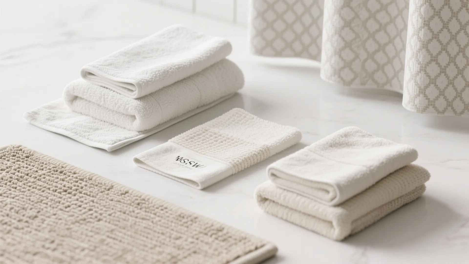 Neatly folded white towels and beige bathroom mats placed on a white marble surface indoors
