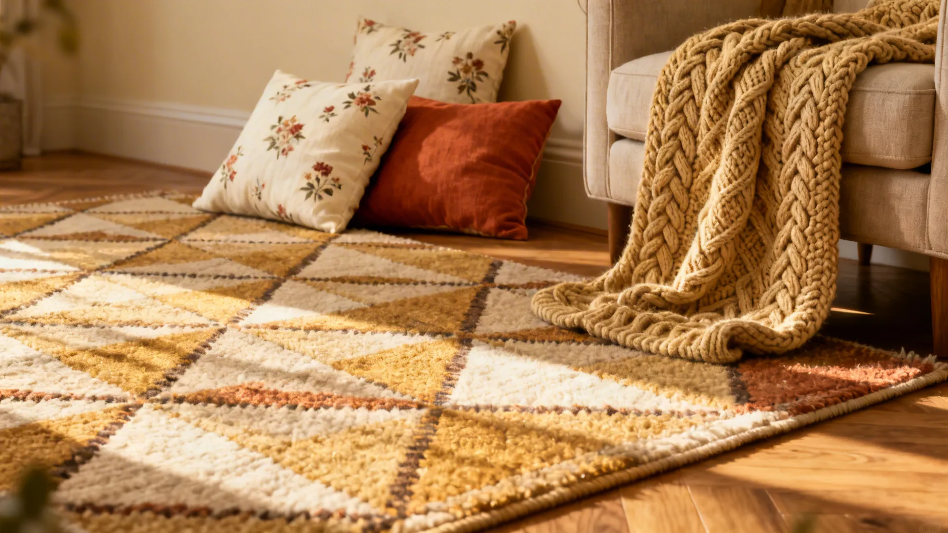 Geometric rug, floral cushions and a chunky knit throw layered together to create warmth