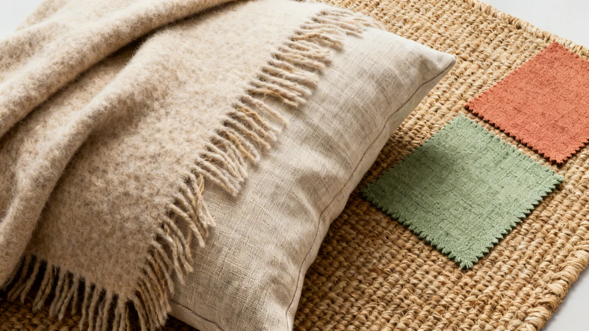 Flatlay of wool throw, linen cushion and jute rug swatches with earthy color samples
