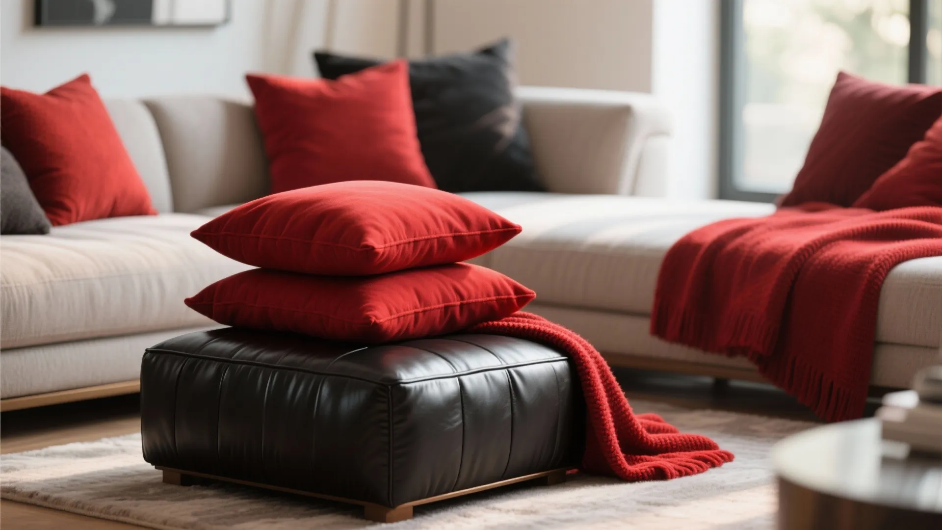 Stacked red pillows on a black leather footrest with a cozy red blanket and sofa