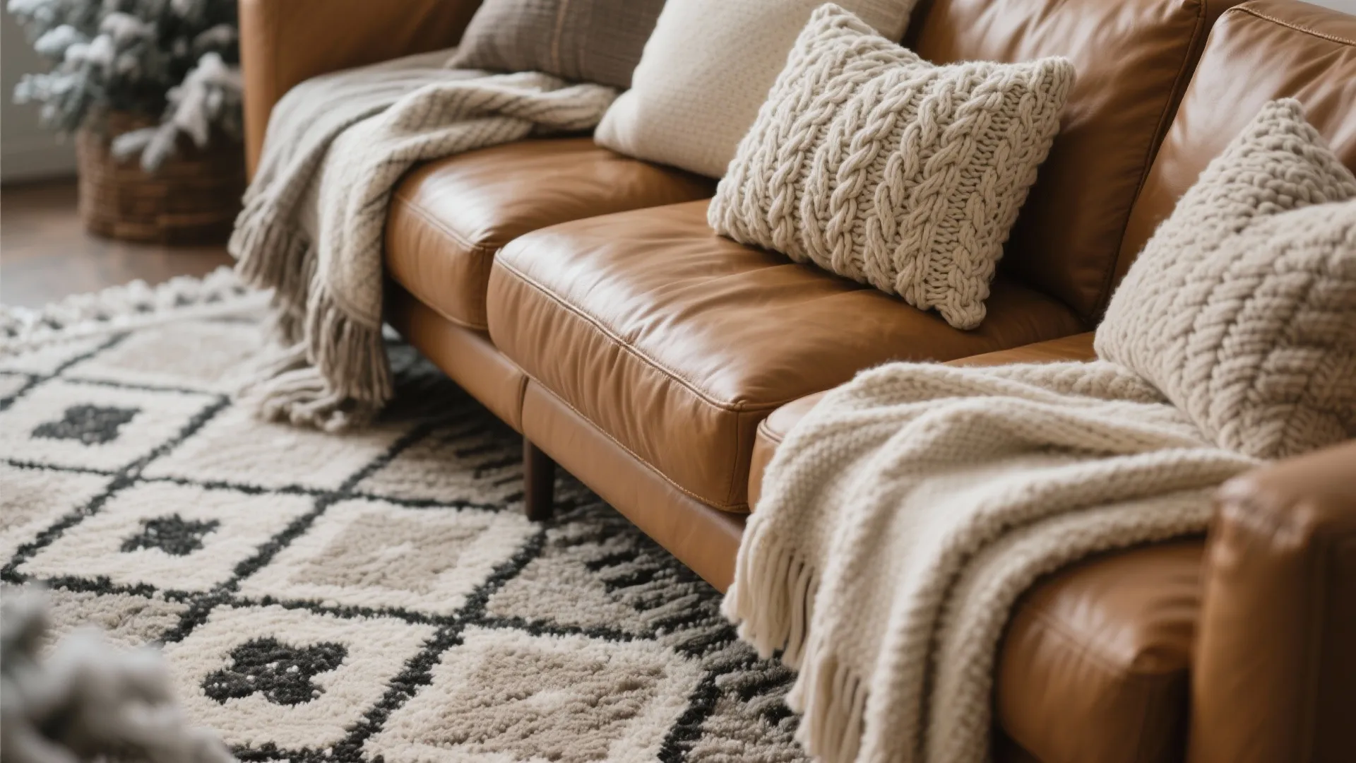 Textile layers on a tan sofa including rug and throws