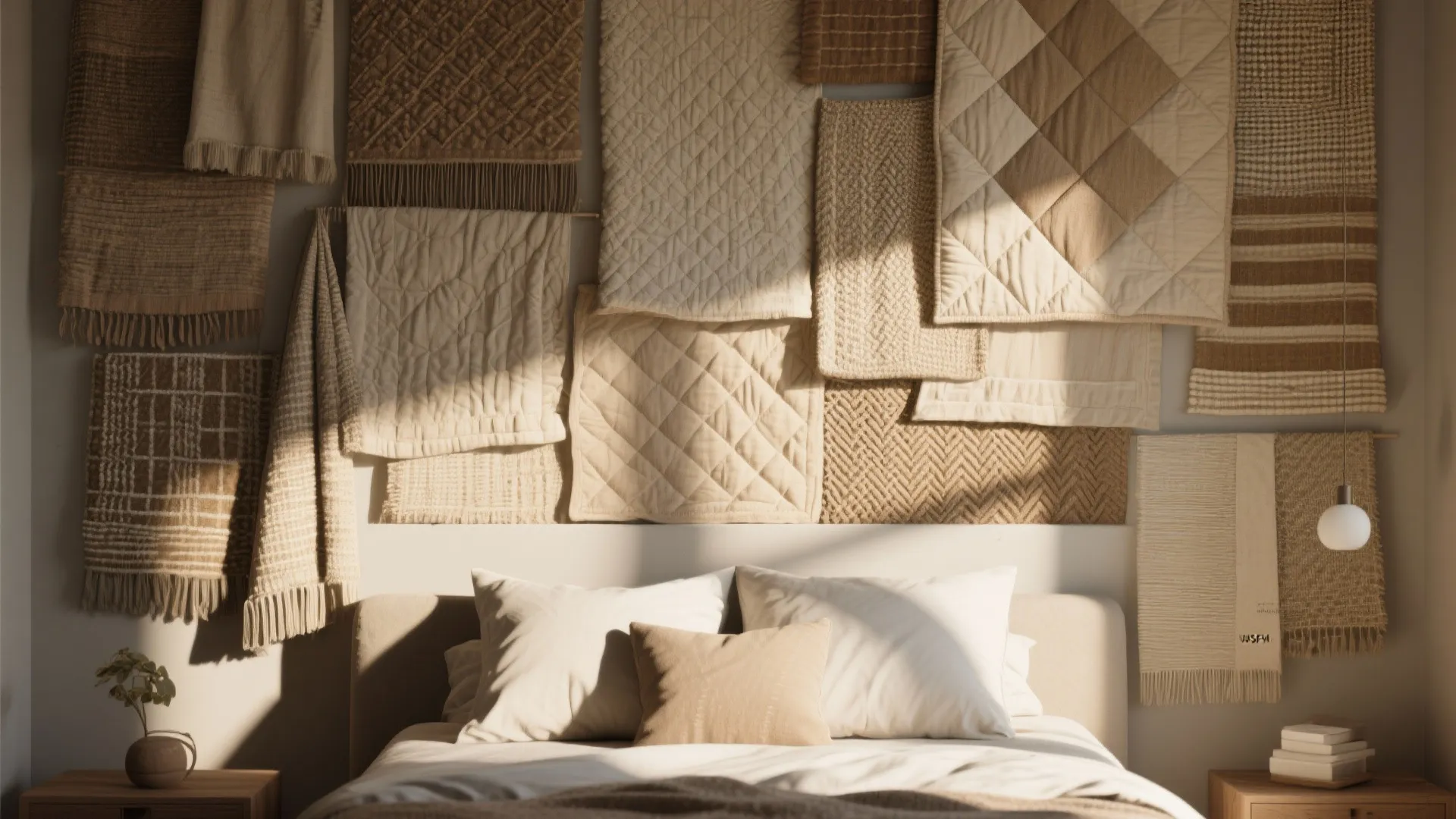 Beige bedroom wall decorated with hanging fabric pieces, soft pillows, wooden side tables, and sunlight
