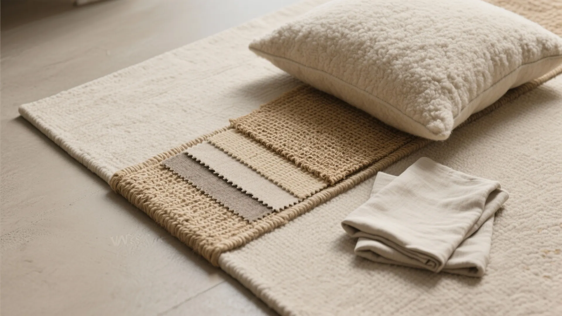 Neutral colored fabric samples and soft pillow on woven rug for cozy interior design mood