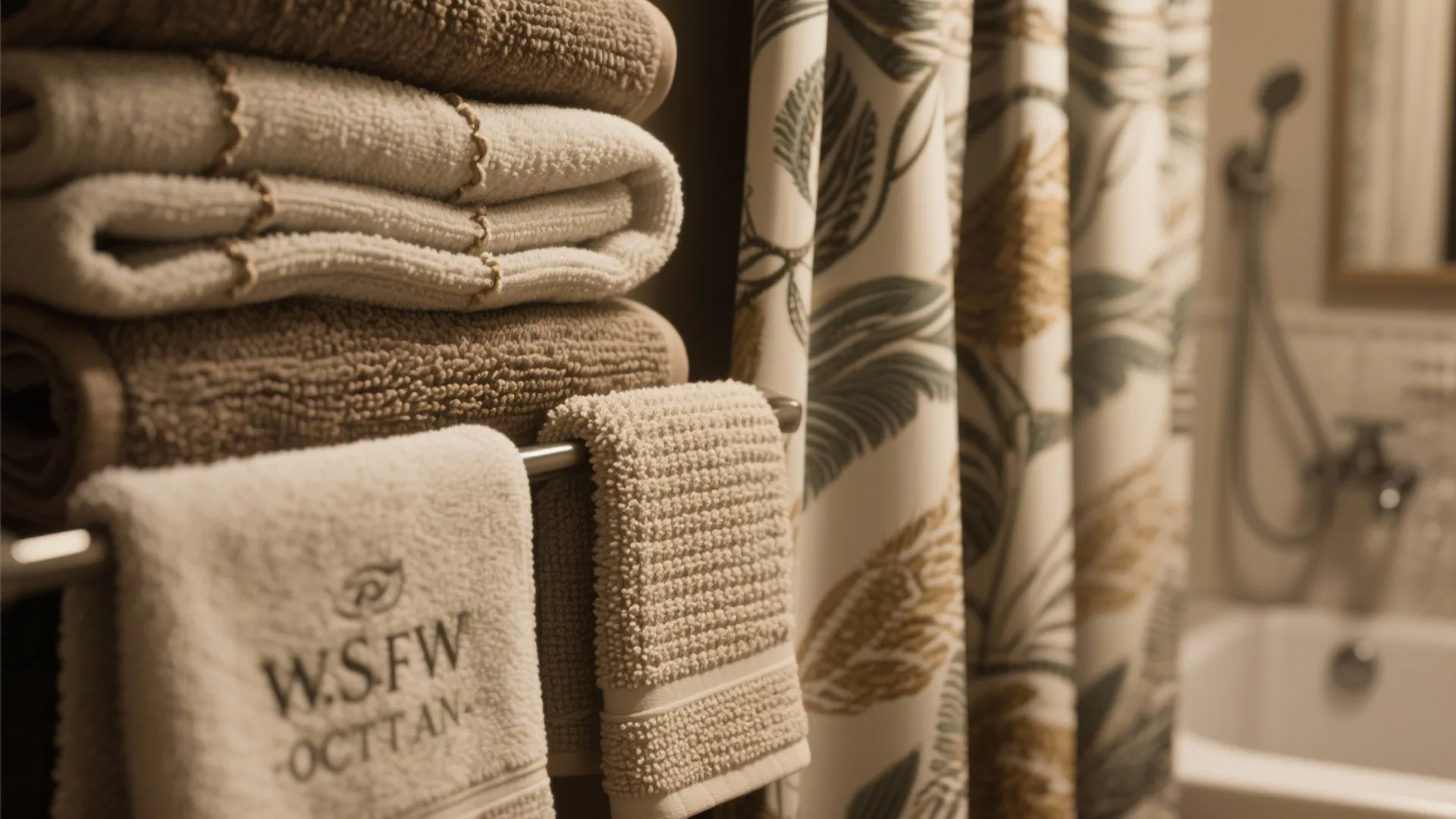 Close up of folded beige towels on metal rack next to leaf print fabric shower curtain
