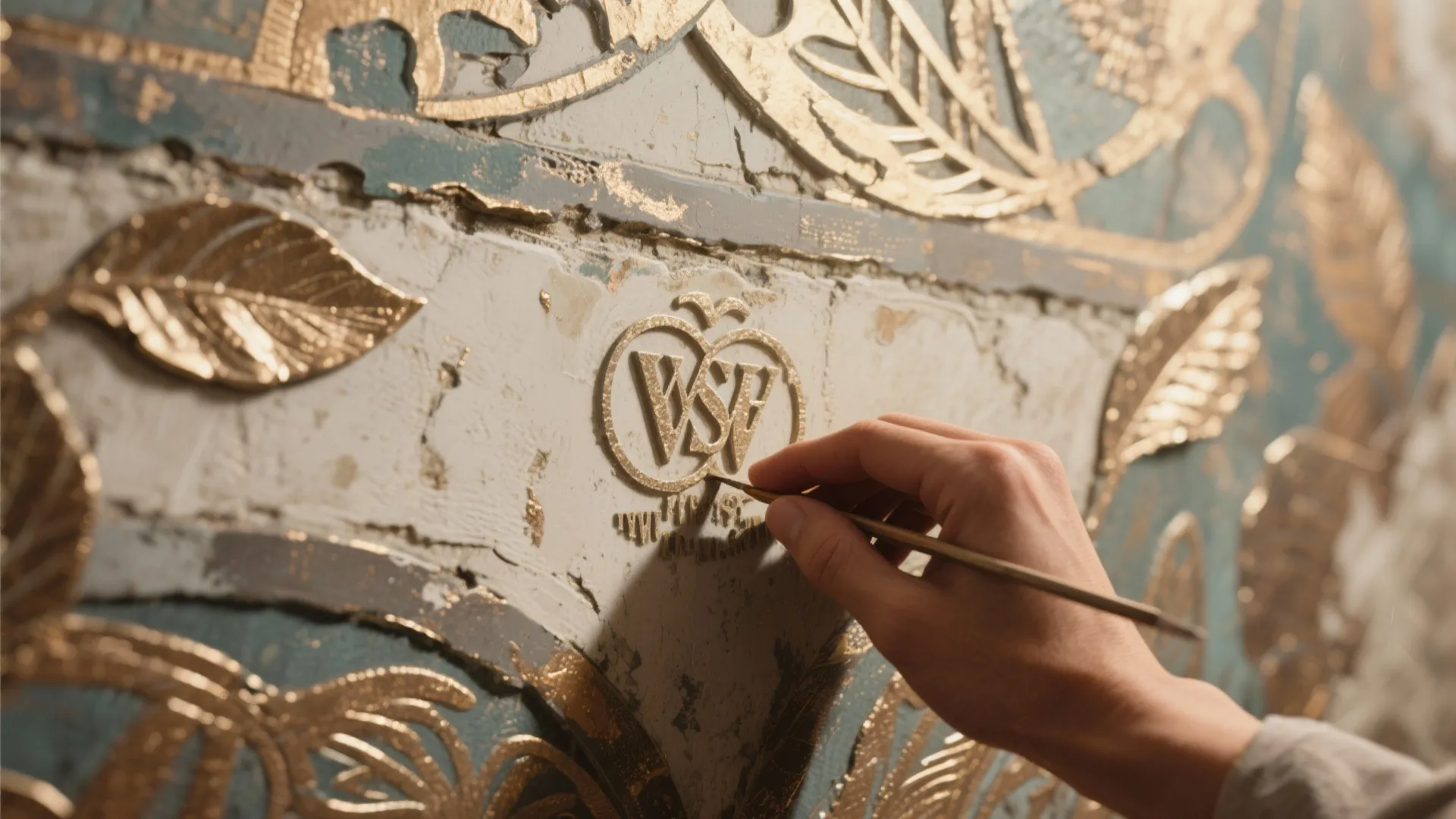 Person painting gold leaf patterns on textured wall with a small thin paint brush tool