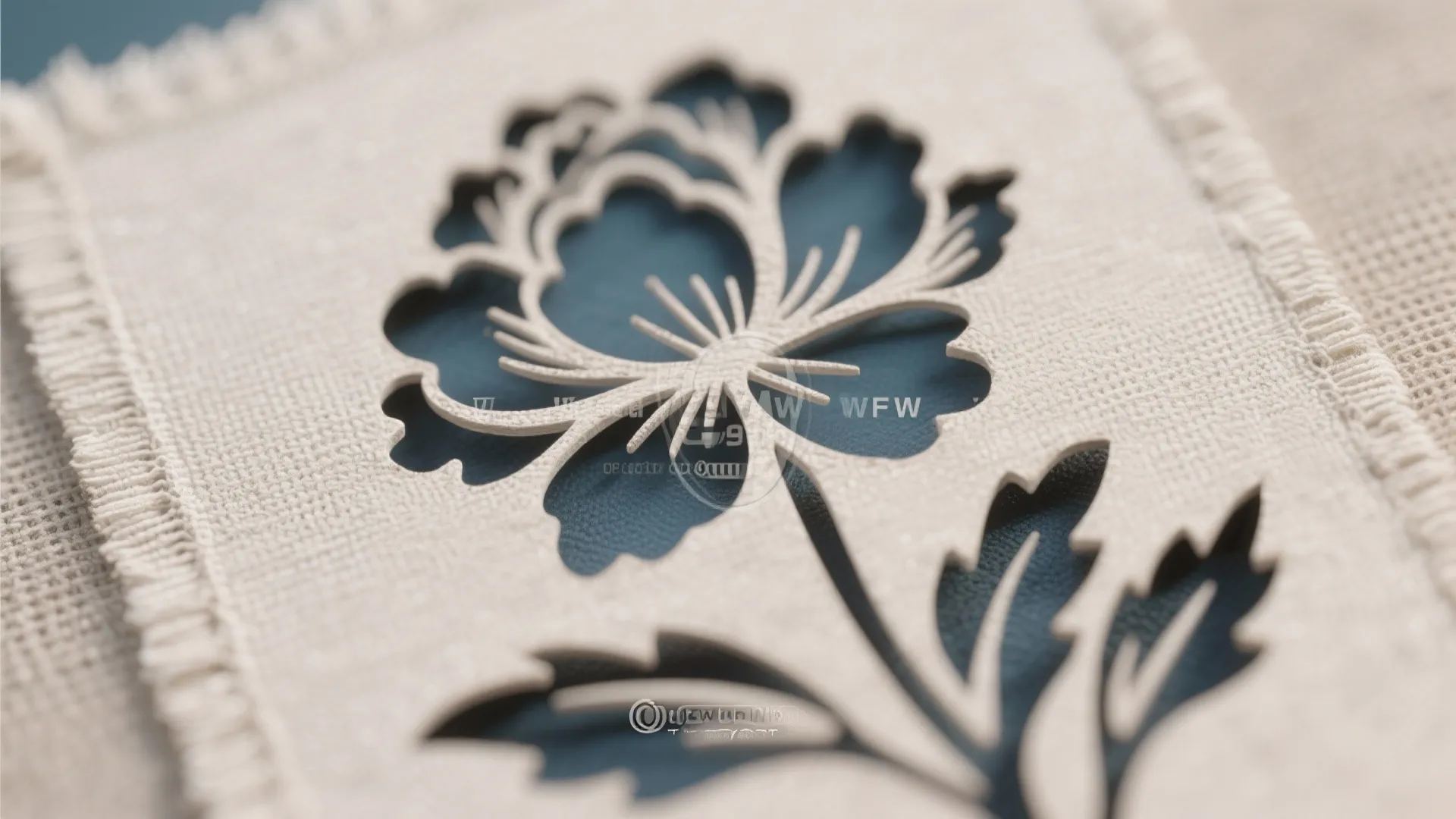 Macro detail of layered stencil work: washed-linen background texture with a crisp floral foreground silhouette.