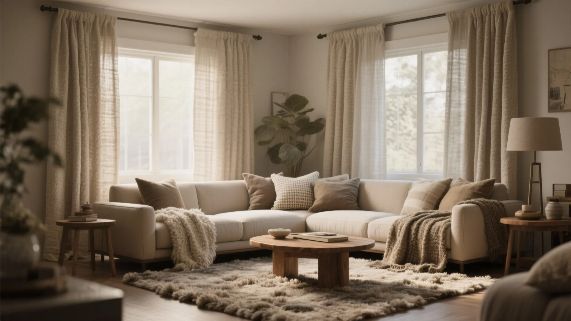 Living room scene showing linen curtains, bouclé sofa and a chunky wool rug layered for texture and warmth.