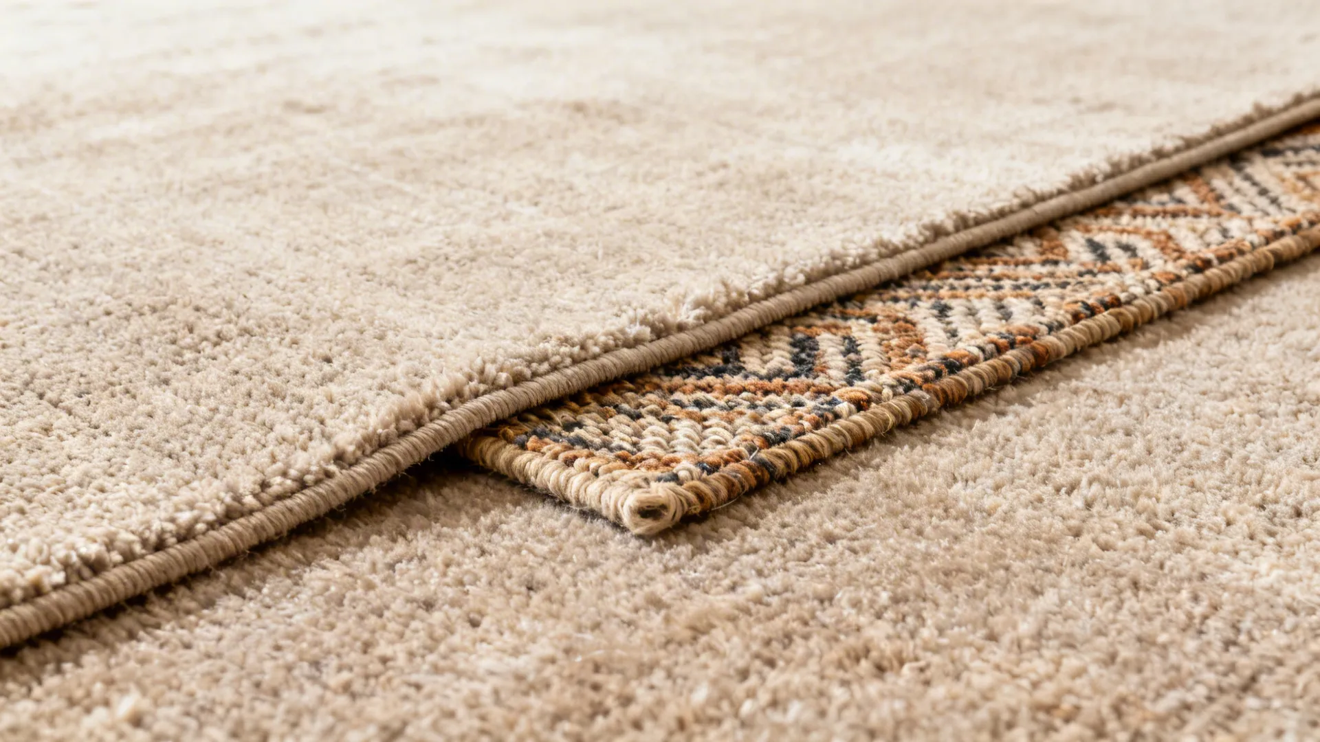 Close-up of a layered rug setup showing texture contrast between a neutral base rug and a smaller patterned rug