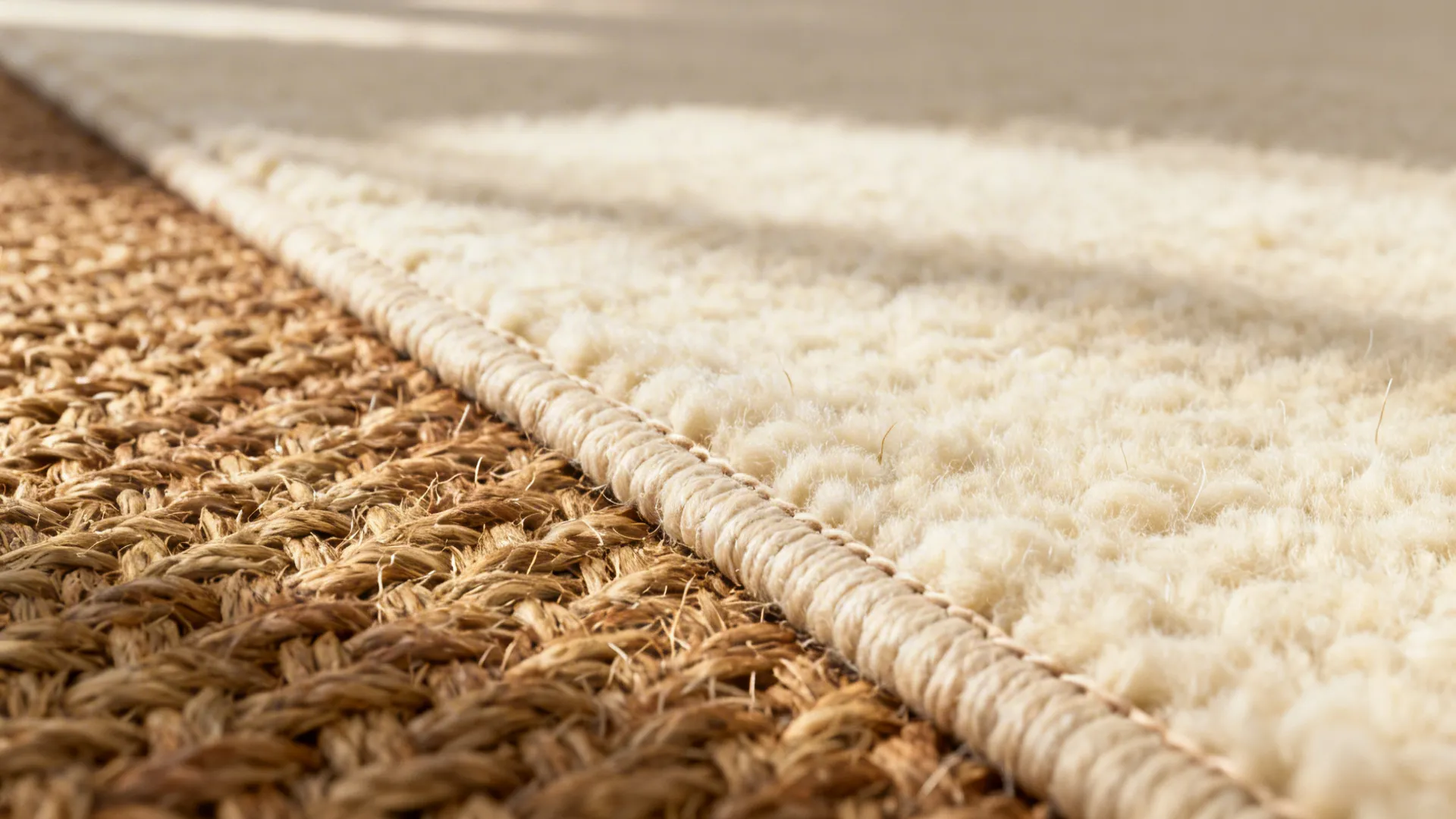 Close-up of brown jute layered over cream wool showing texture contrast.