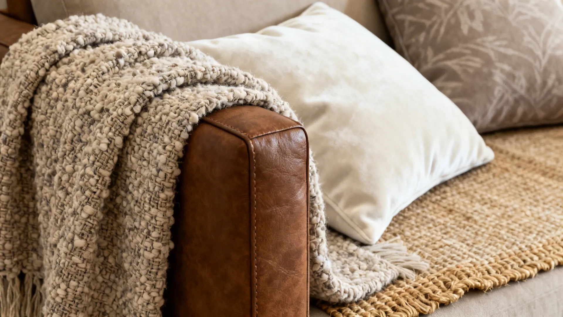 Close-up of boucle throw, jute rug, velvet cushion and brown leather sofa textures.