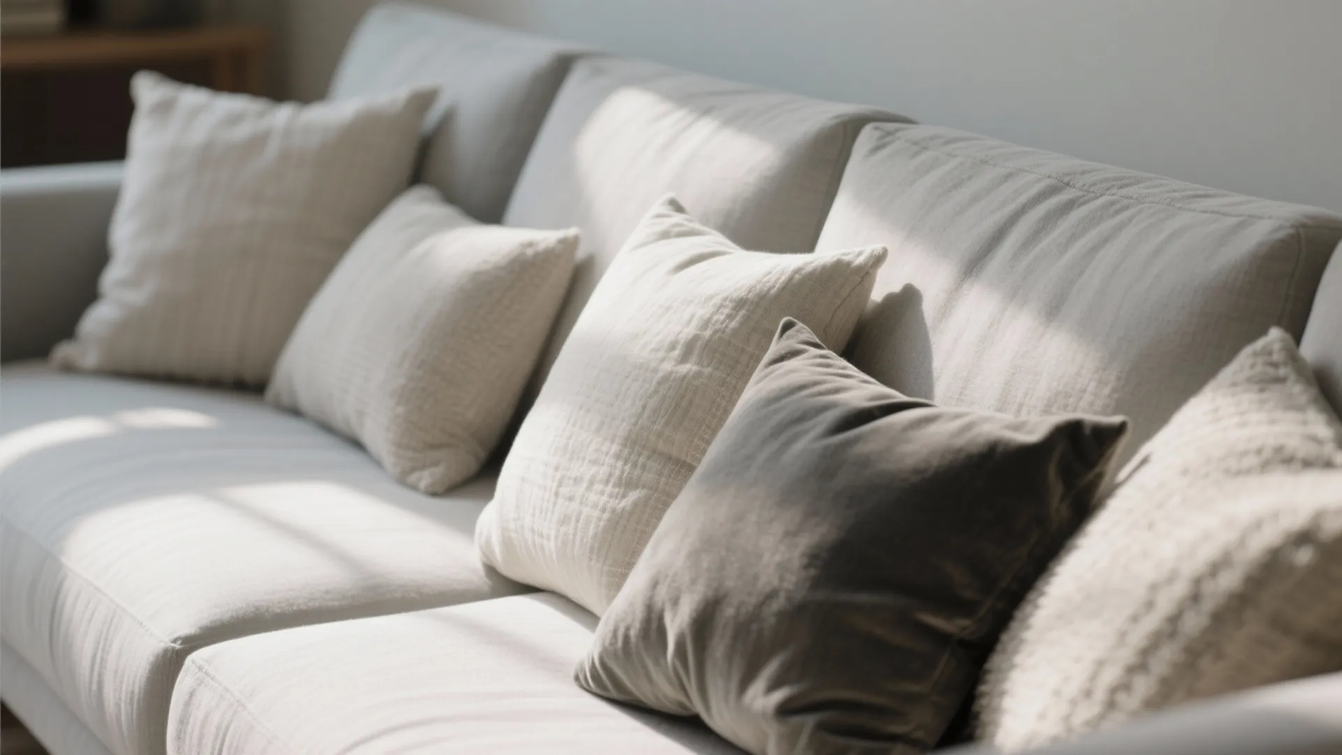 Close up of light gray sofa with several soft pillows in neutral colors and natural light