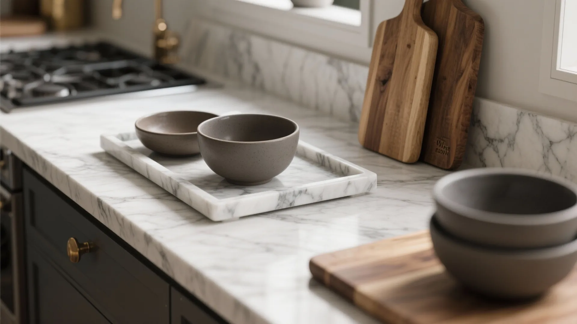 Close up of marble kitchen countertop with grey bowls on stone tray and wooden cutting boards