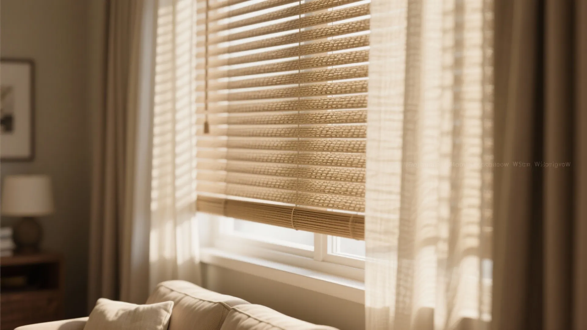 Window with wooden blinds and white curtains letting sunlight into a bright and cozy room