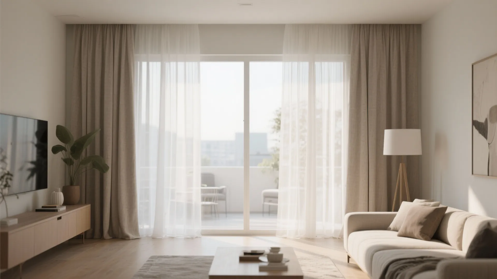 Cozy living room interior with grey sofa wooden cabinet floor lamp and light brown textured curtains