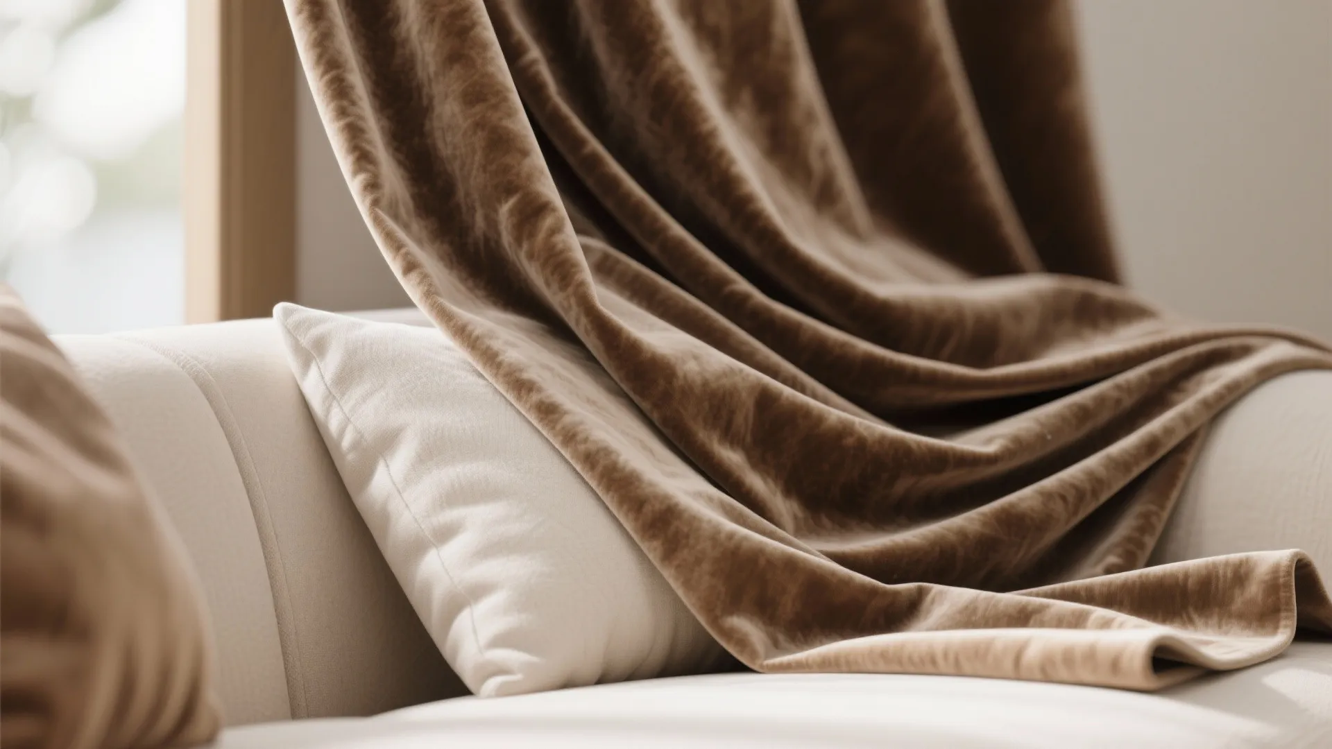 Close up of brown soft fabric curtain draped over white sofa with comfortable white pillow