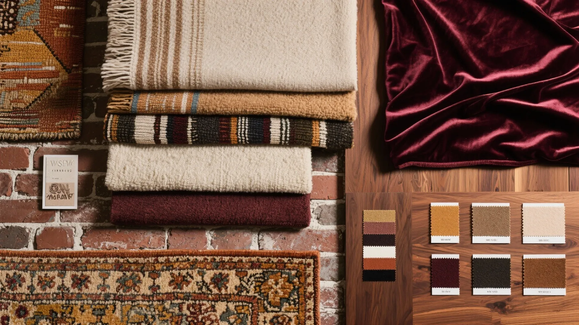 Flat lay of vintage and modern fabric and material samples