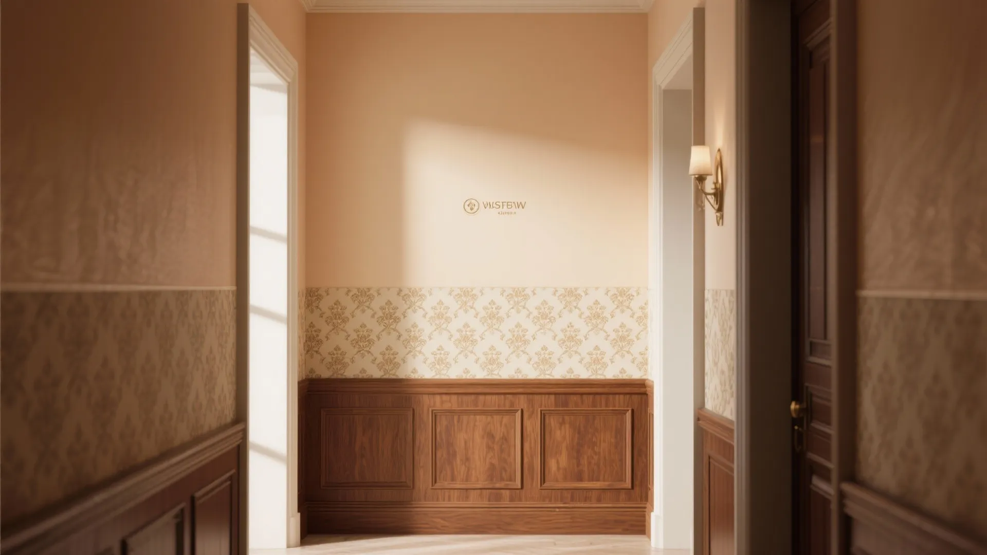 Tall foyer wall with wainscoting, wallpaper, and painted upper section