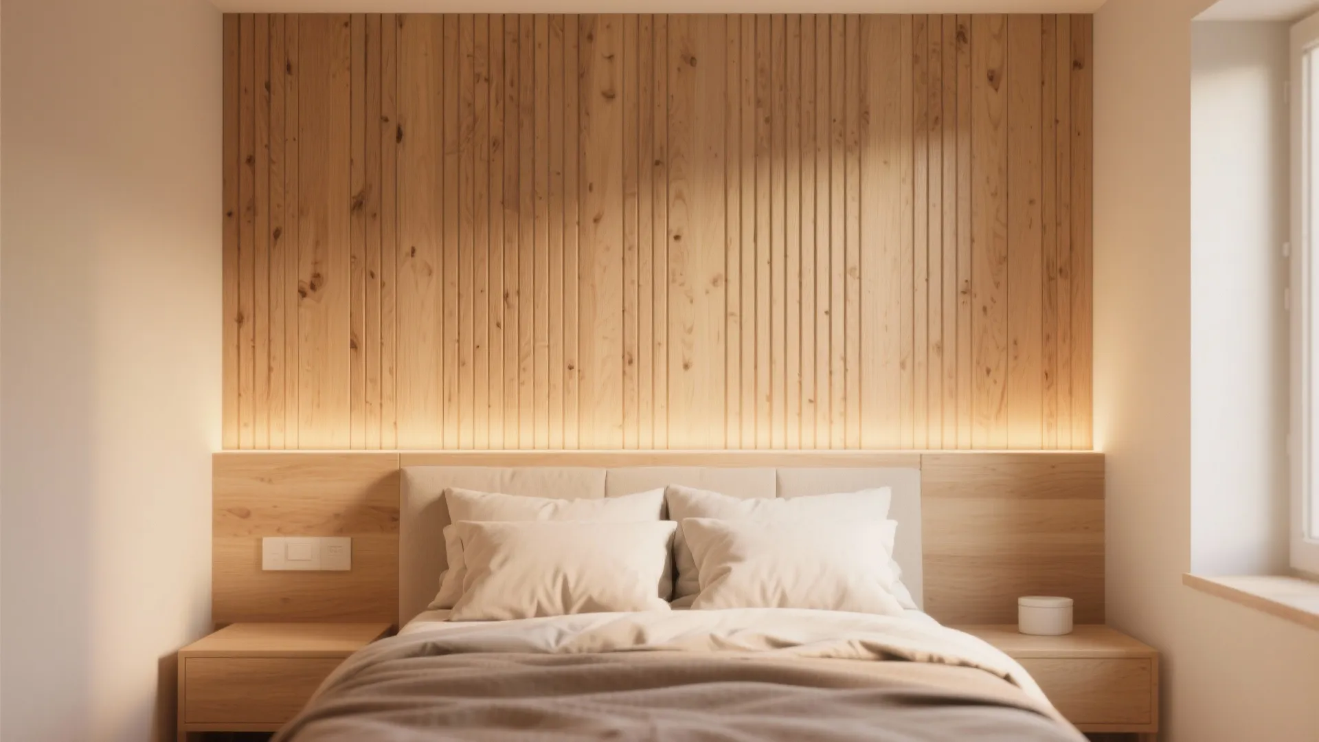 Cozy bedroom with vertical wood wall panel and hidden light behind bed with white pillows