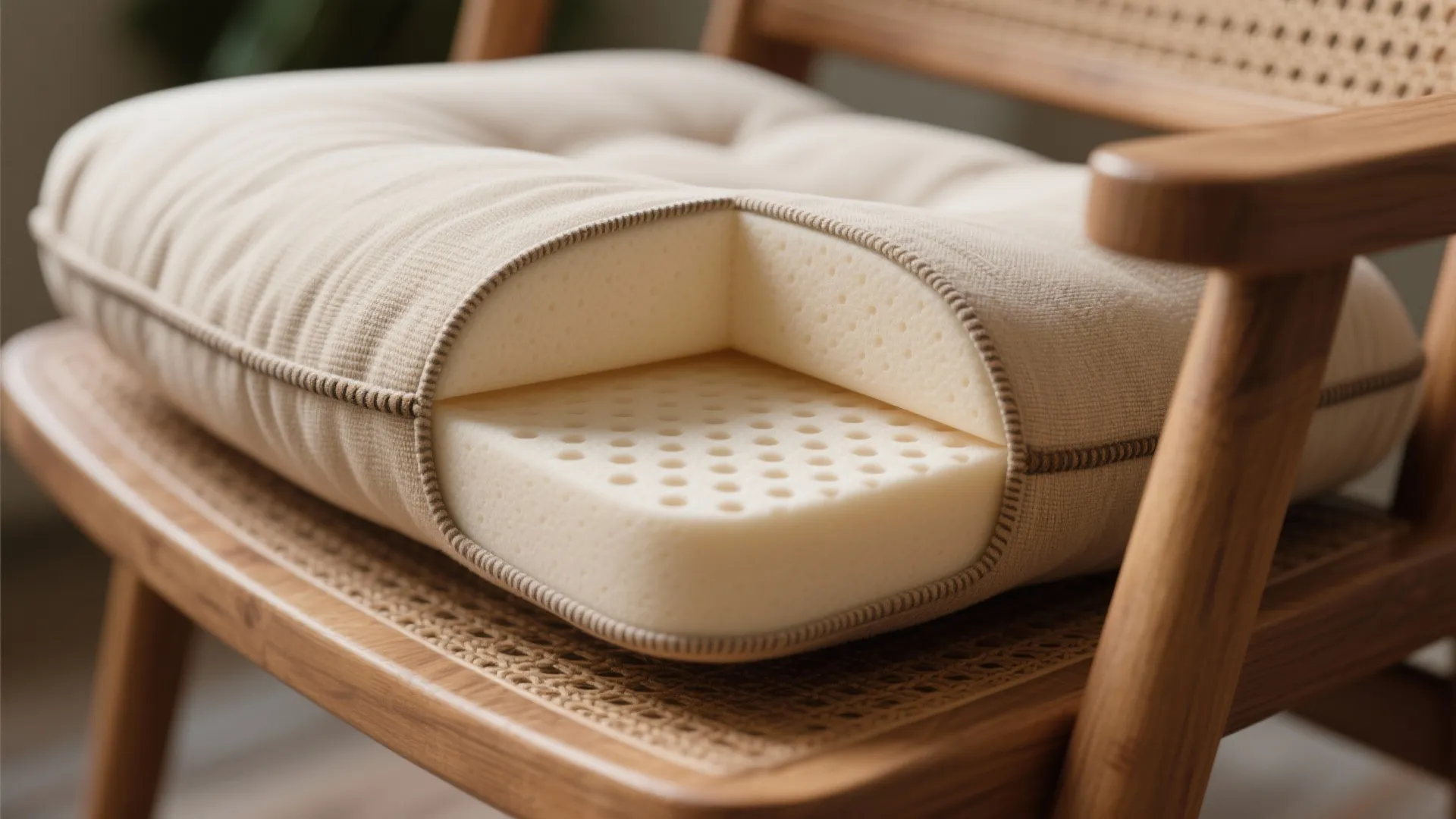 Close up view of a seat cushion showing the breathable foam layers inside a wooden chair