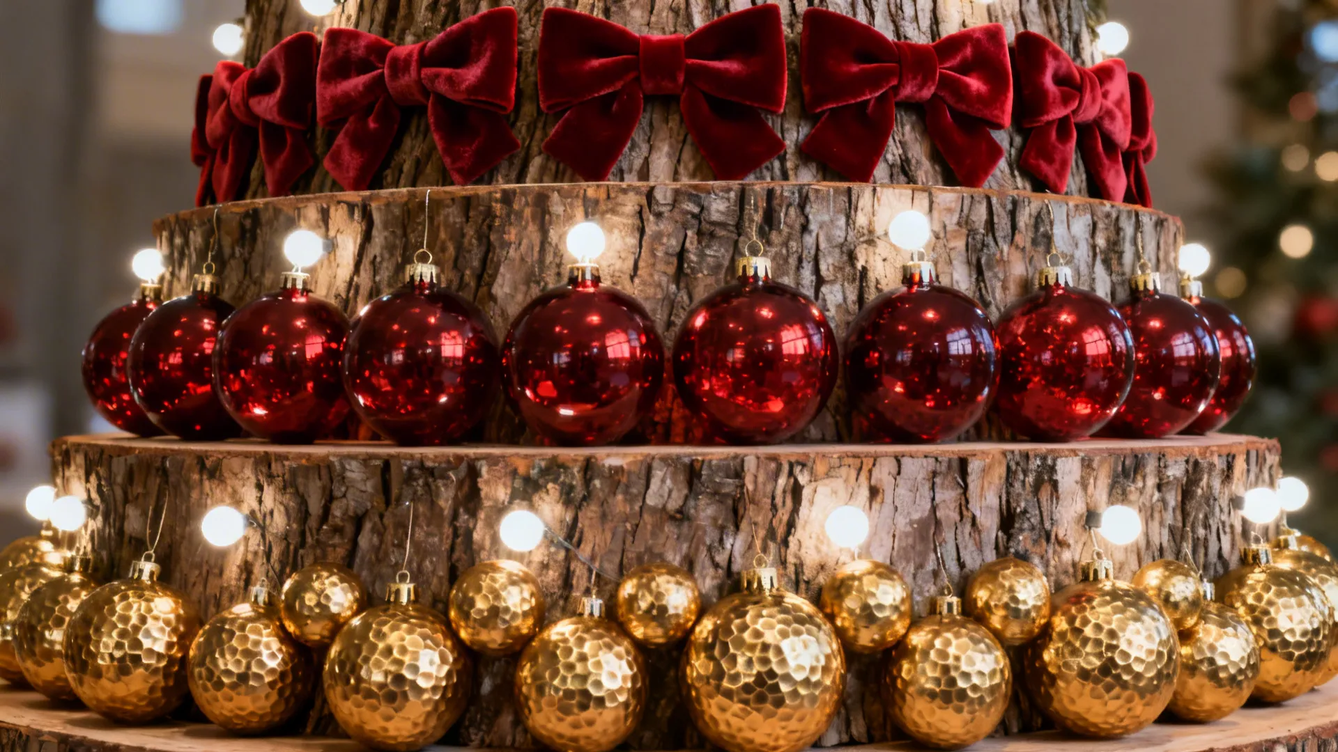 Tree tiers with alternating velvet bows, shiny red balls, and hammered gold orbs for tactile contrast.