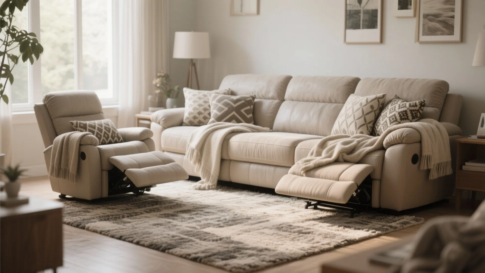 Recliner sofa styled with layered textiles for comfort