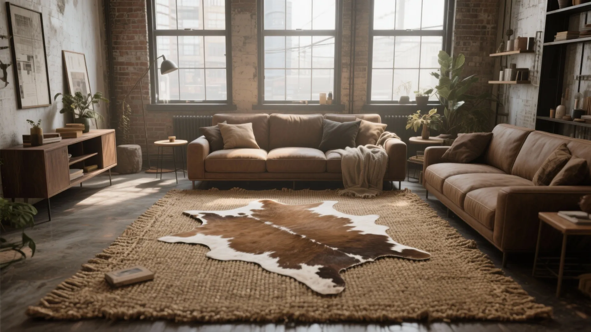 Industrial living room with brown leather sofas jute rug layered with cowhide and large windows