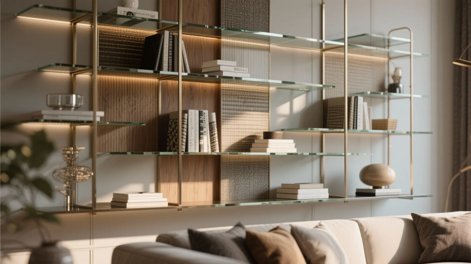 Modern gold shelf with glass levels holding books and decor behind a light colored sofa