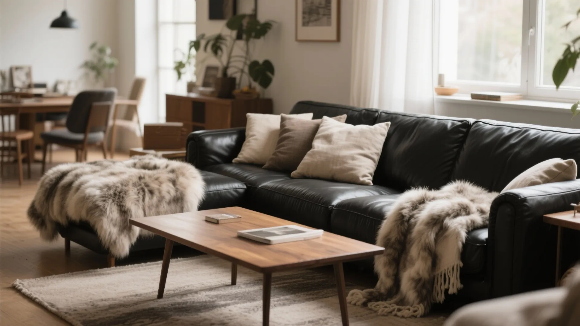 Black leather sofa with layered textures of fur, linen, and wood