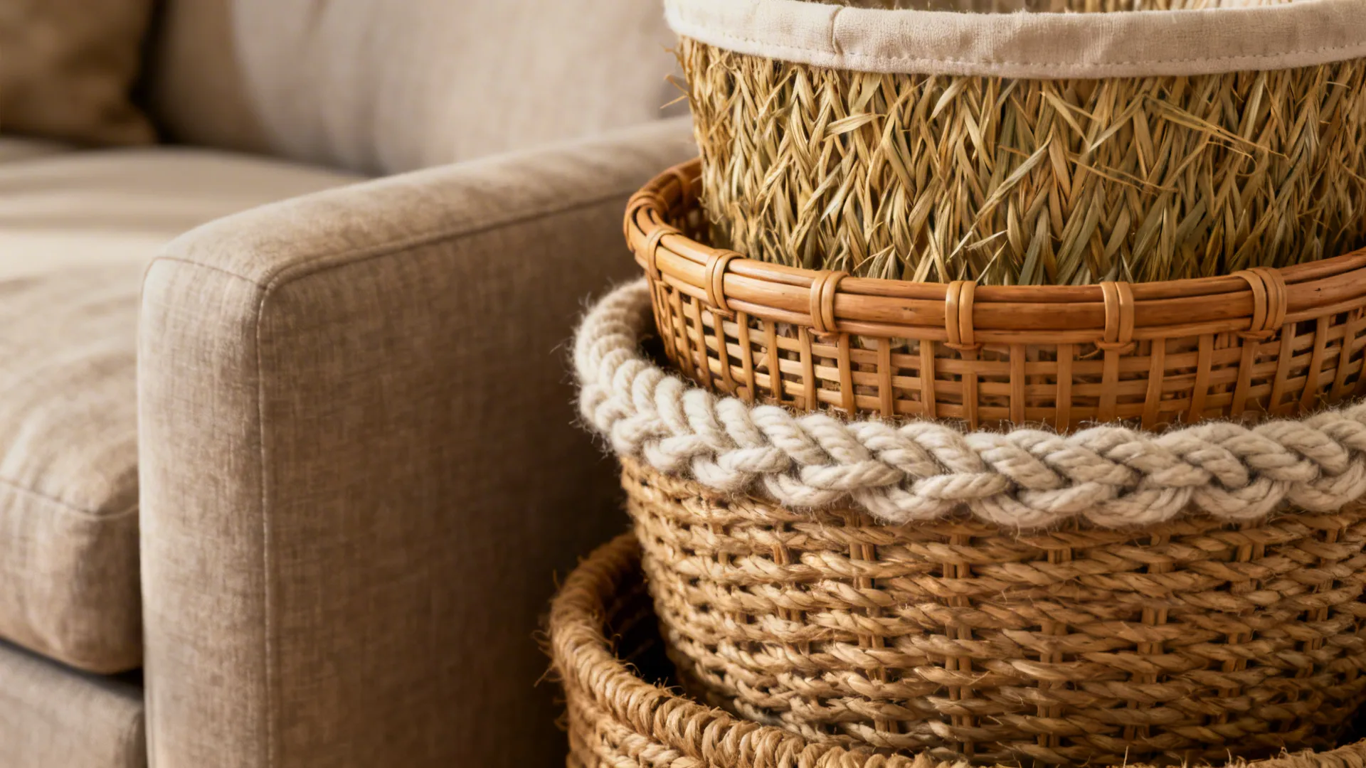 Close-up of stacked seagrass, rattan, and cotton baskets showing contrasting textures.