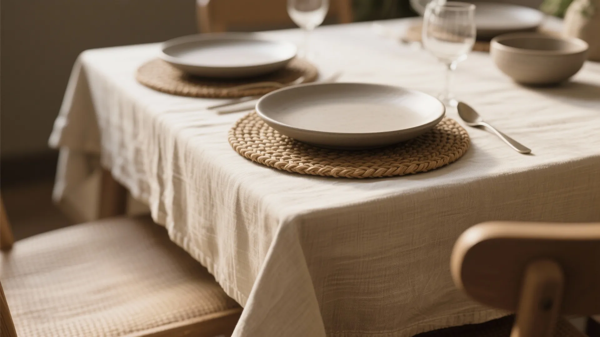 Dining table with beige tablecloth woven placemats grey plates wine glasses and a wooden chair