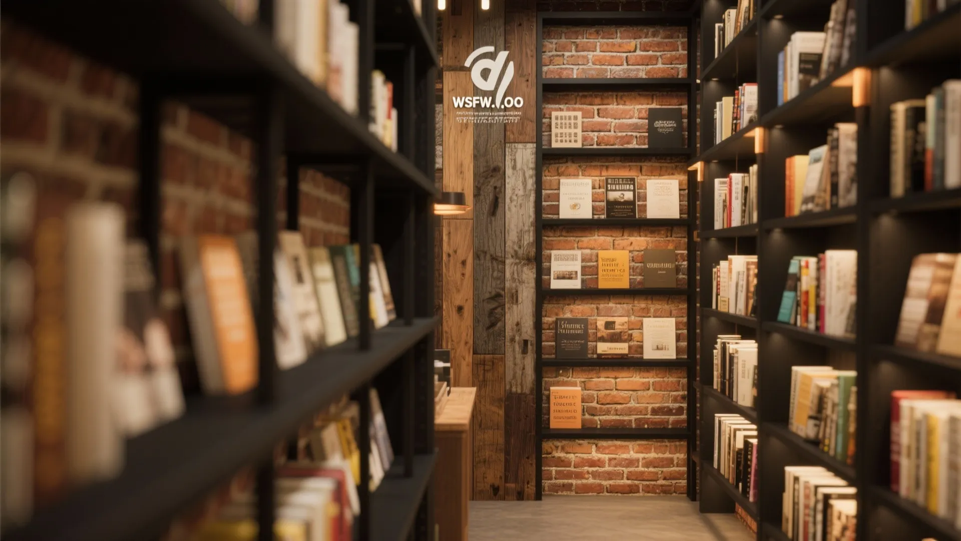 Library interior with black bookshelves filled with books against a rustic red brick wall background