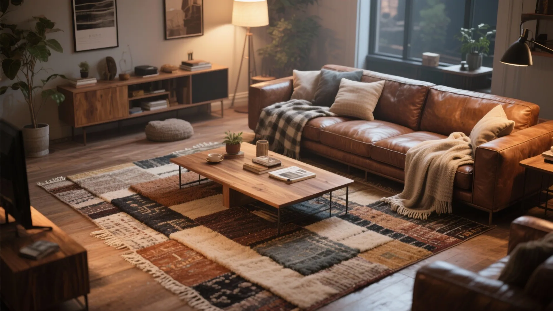 Cozy living room with brown leather sofa plus patterned rug and wooden coffee table lighting