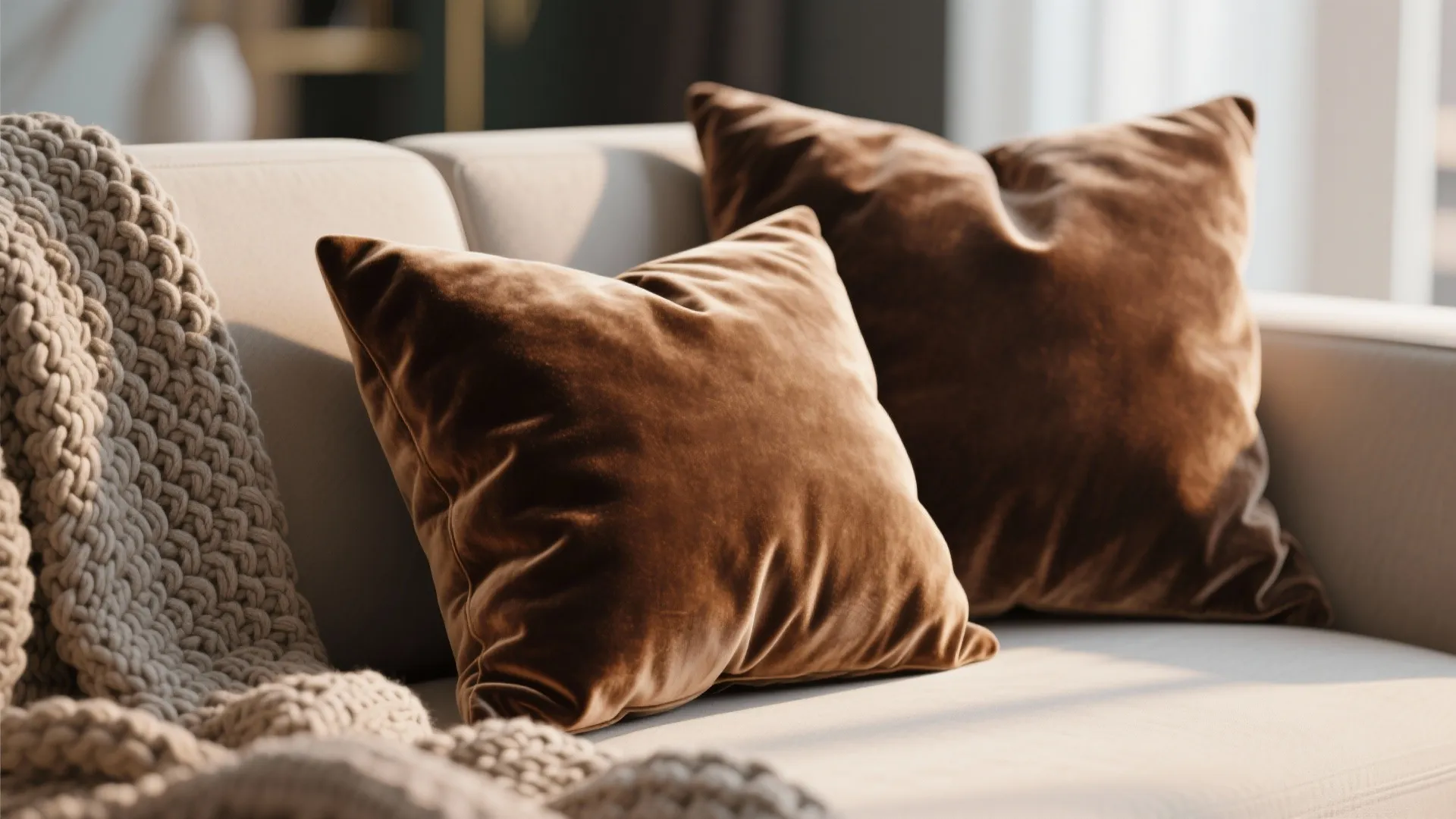 Brown velvet pillows and a chunky knitted blanket on a beige sofa under soft sunlight