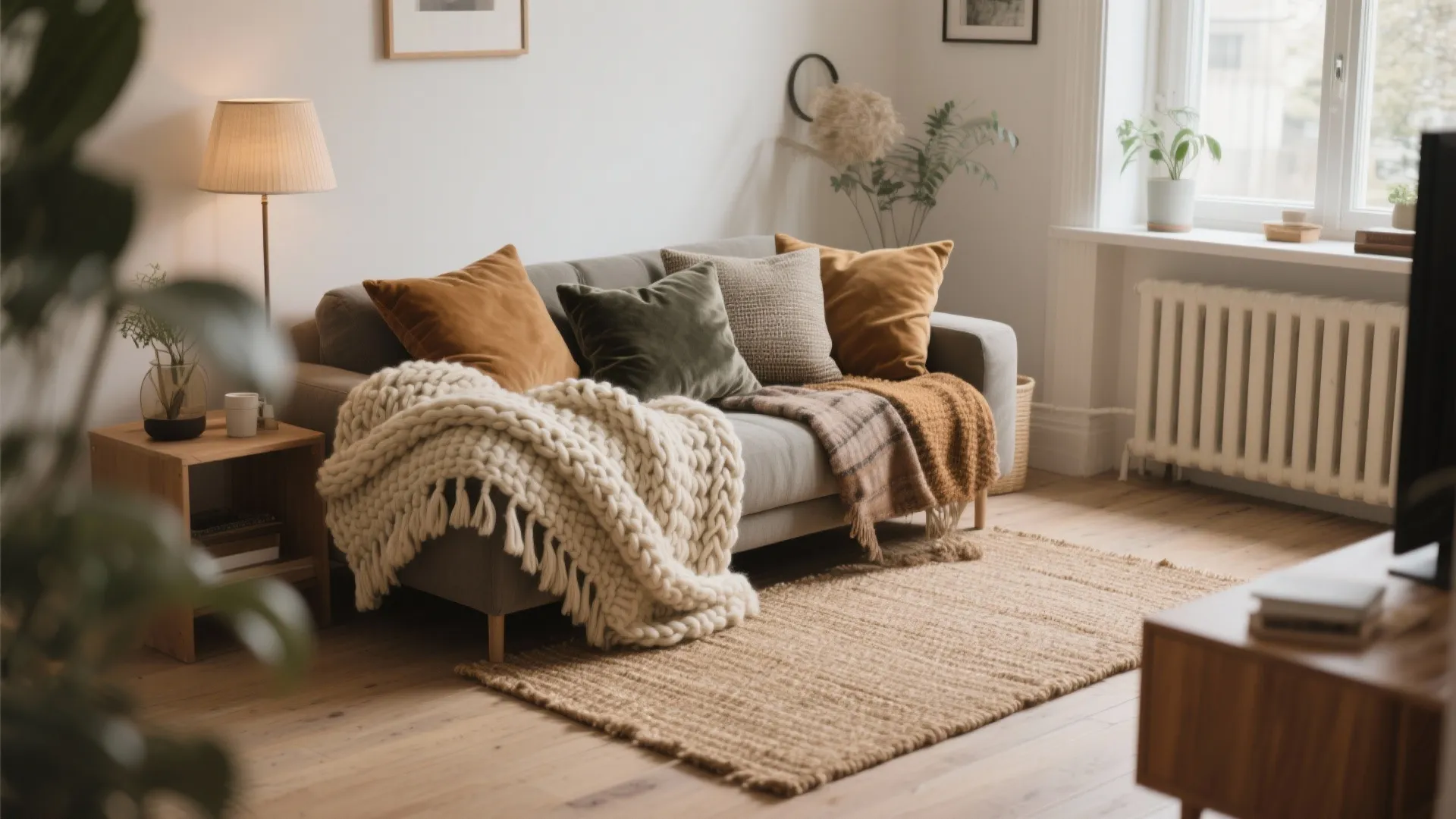 Cozy grey sofa with colorful pillows thick knit blanket jute rug and small wooden table