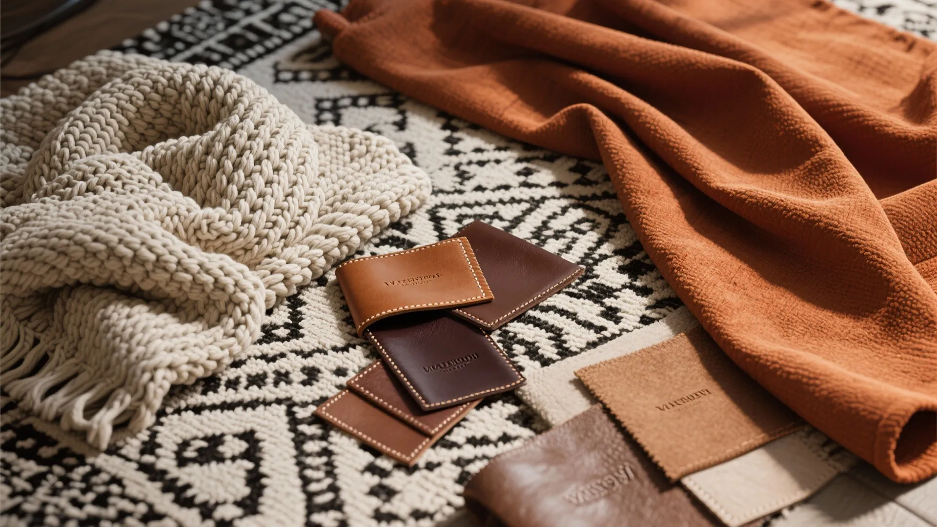 Warm textile and rug materials for brown sofa styling