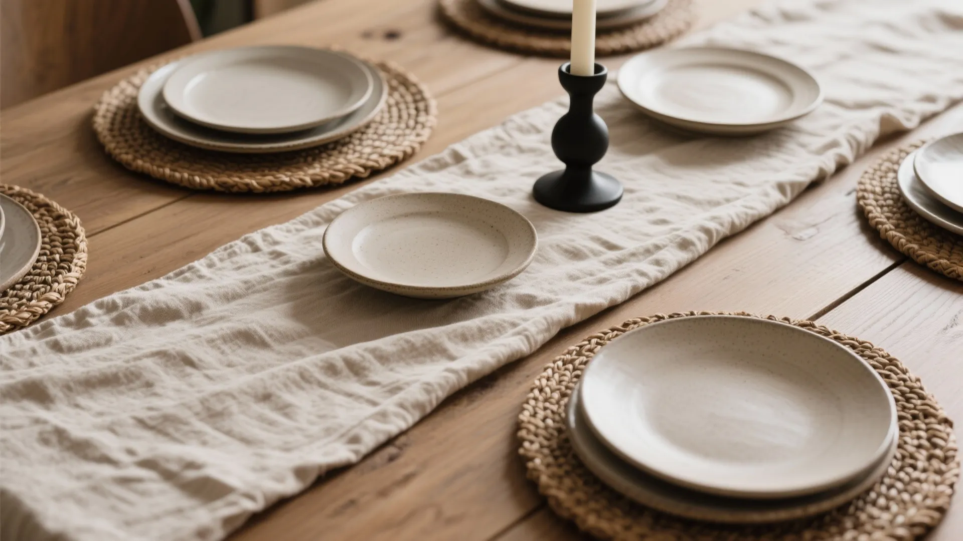 Wooden dining table set with linen runner round woven placemats ceramic plates and black candle