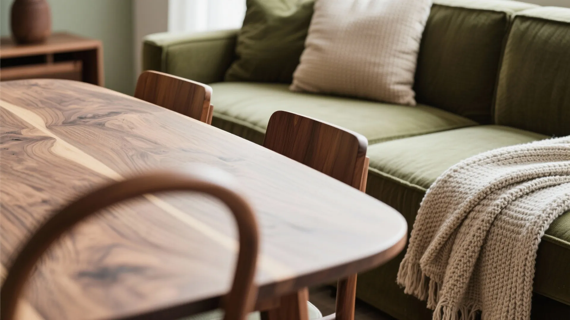 Wood table near green sofa with soft beige blanket and a single patterned throw cushion