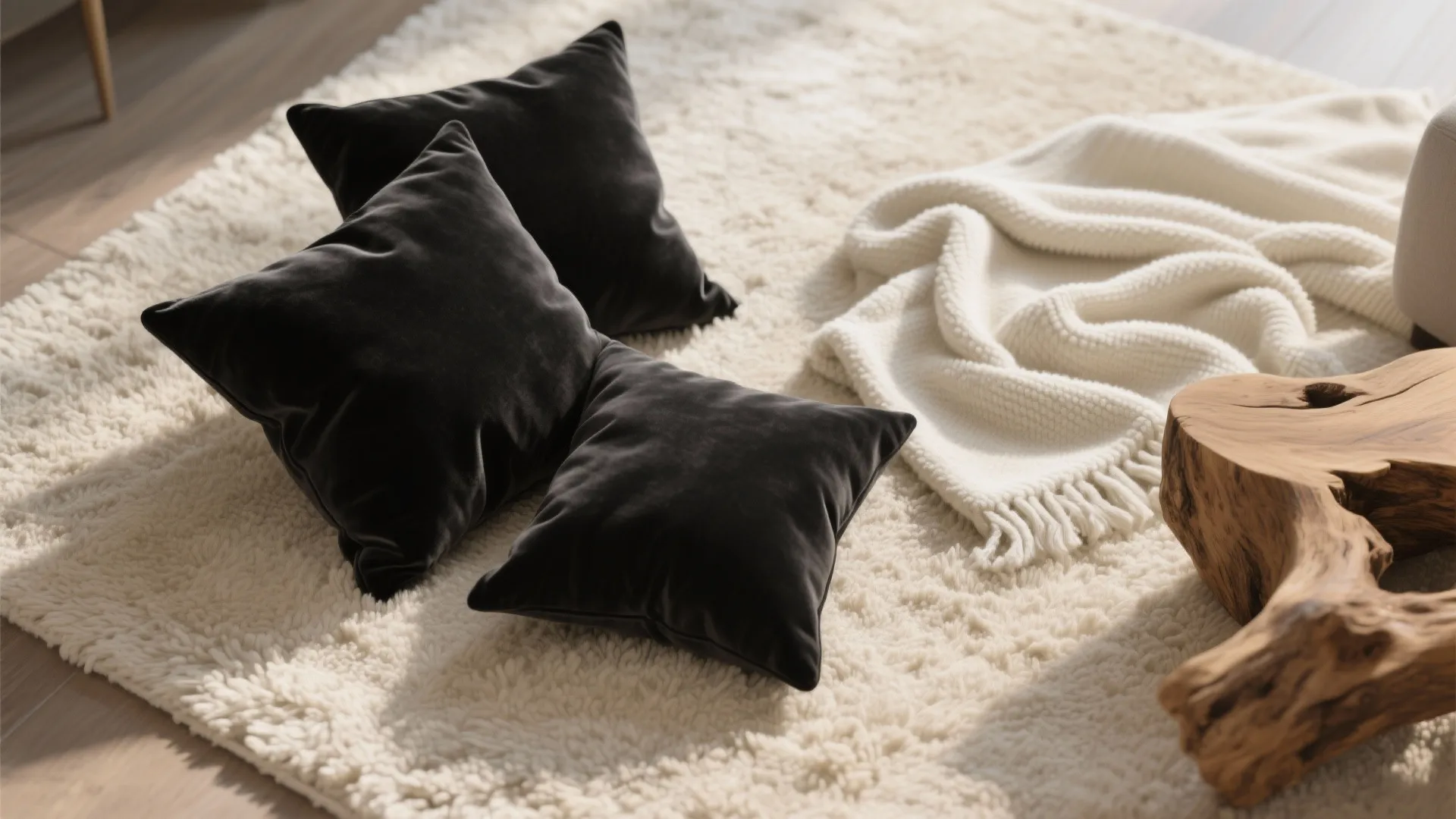 Black velvet cushions and cream wool rug in flatlay design